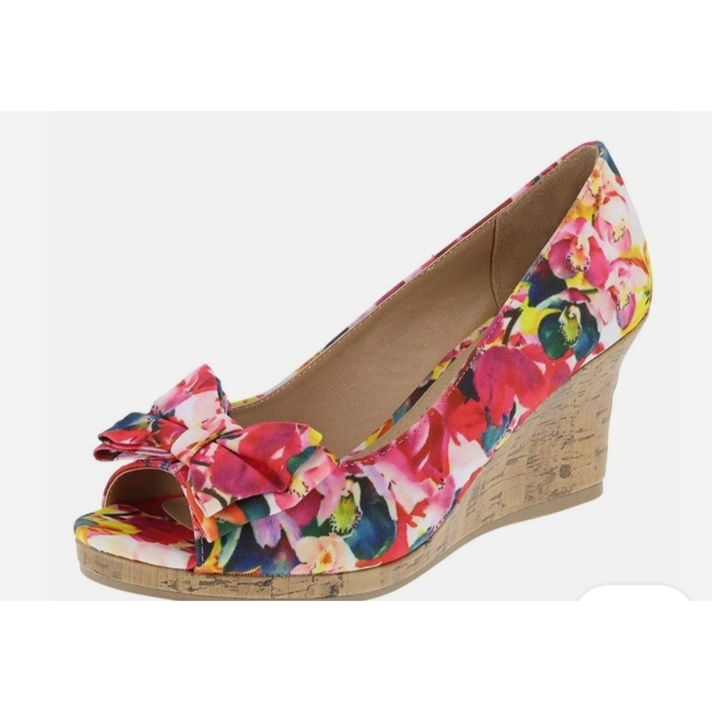 Dexflex Comfort Woman's Cate Bow Floral Open Toe Wedge Sandal